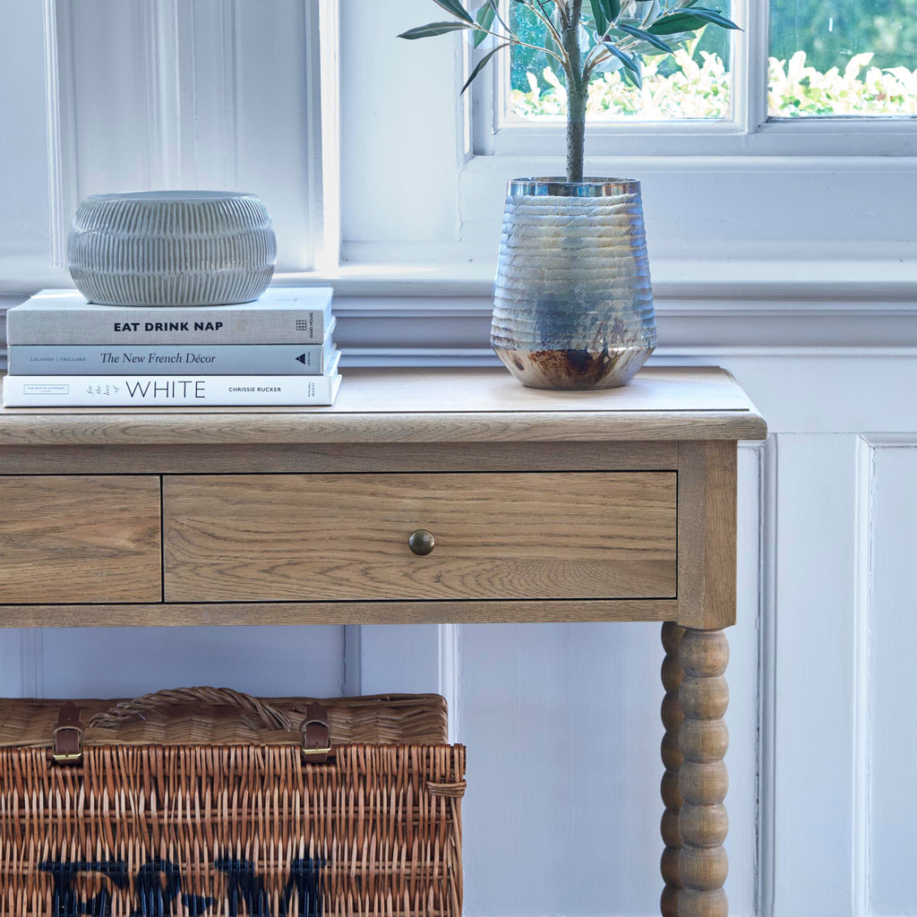 Weathered Oak Console Table With Bobbin Legs and Drawers