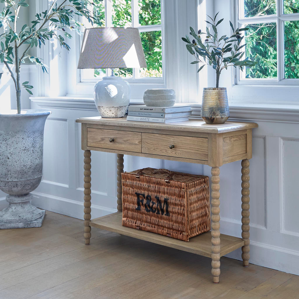 Weathered Oak Console Table With Bobbin Legs